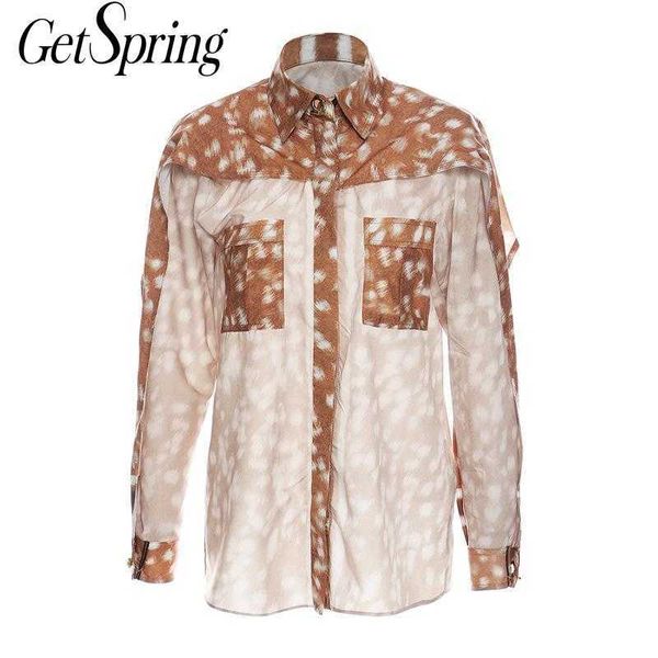 

getspring women blouse shirt long sleeve fake two printing women's summer blouses vintage casual female 210601, White