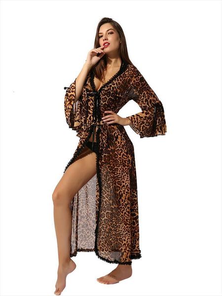

leopard print nightgown long sleeves womens sleepwears v neck nightwear wraparound open front waist strap casual dress robe, Black;red