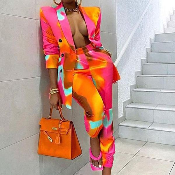 

women's two piece pants tie dye blazer set long sleeve button blazers elastci waist high pant 2021 autumn fashion casual office women, White