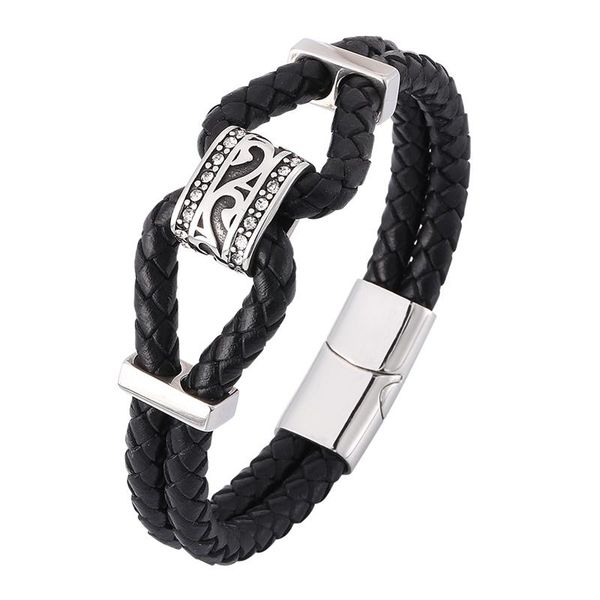 

charm bracelets est punk men jewelry double black genuine leather braided bracelet male s.steel magnetic clasp trendy bangle sp0370, Golden;silver
