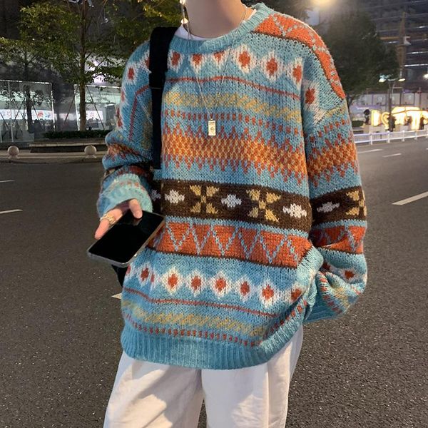 

men pullovers o-neck vintage sweater jacquard chinese style jumpers chic thicken loose warm couple retro knitted pullover, White;black