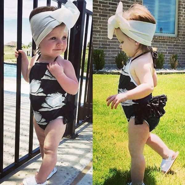 

one-pieces baby swimwear summer girls ruffles swan print swimsuit backless romper jumpsuit kids for 2021, Black