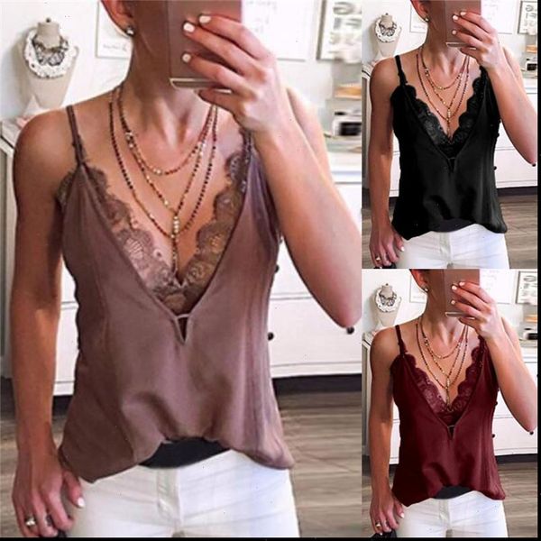 

women v neck lace patchwork strappy sleeveless casual camis vest tank streetwear spaghetti strap woman clothes, White