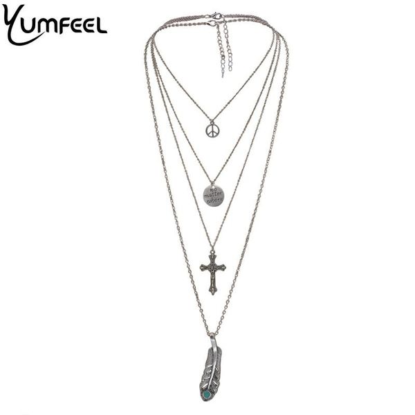 

yumfeel new vintage bohemia boho choker necklace multi layer cross feather layered neckace set, Golden;silver