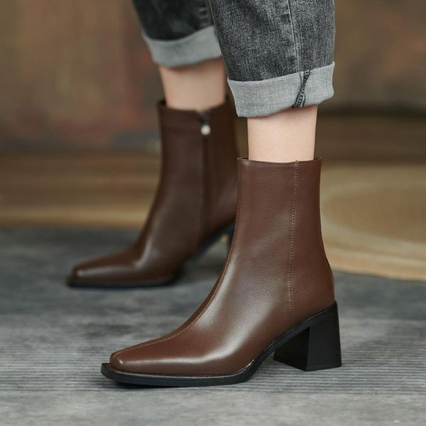 

boots side zipper women's genuine leather pointed toe shoes woman heels 2021 winter office lady party ankle, Black