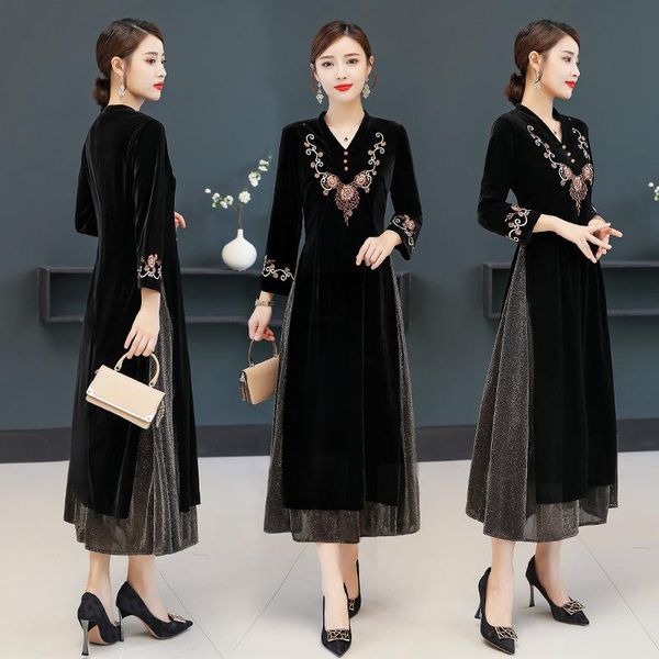 

casual dresses large size vrouwen jurk 2021 cheongsam dress young chinese style long section loose tang suit, hanfu gd941, Black;gray