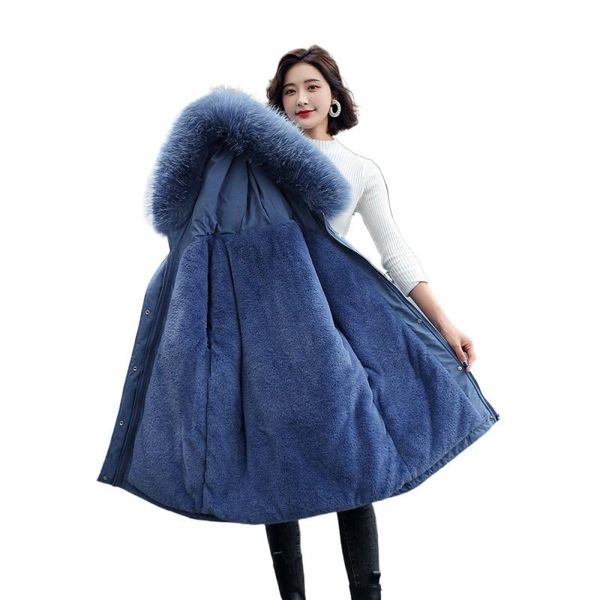 

women's down & parkas winter cotton thicken warm jacket women fashion casual outwear clothes fur lining hooded ladies blue coats, Black