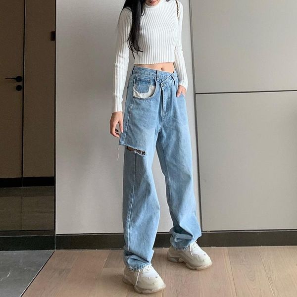 

women's jeans women broken holes jeans, blue solid color irregular waist straight-leg trousers, s/ / l