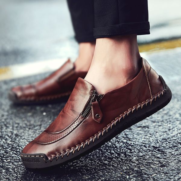 

genuine leather men casual shoes luxury brand mens loafers moccasins breathable slip on male driving shoes plus size 38-48, Red;white