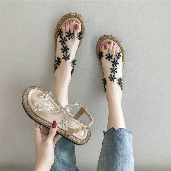 

sandals 2021 comfort shoes for women clear heels buckle strap suit female beige all-match flat plastic summer girls low blac, Black