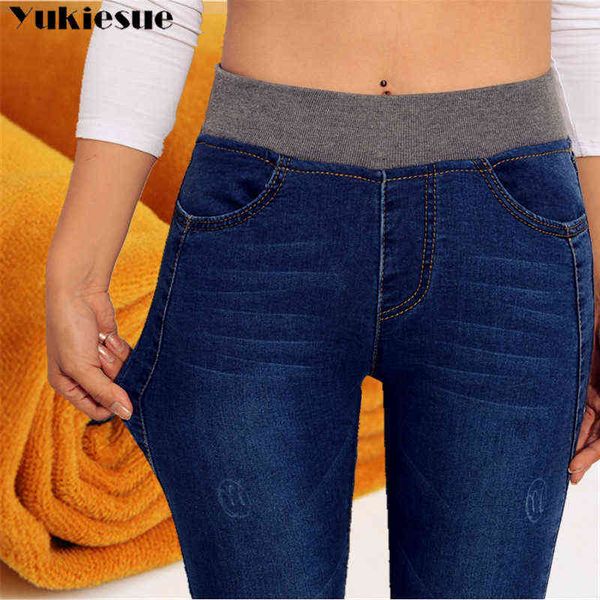 Jeans morno de veludo para mulheres com cintura alta inverno apertado lápis calças mulher skinny jeans alongamento mais grande tamanho 211129