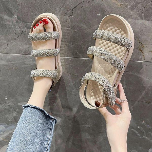 

sandals gladiator women diamond flat platform lady shoes hook & loop open toe thick soled summer roman sandalias mujer, Black