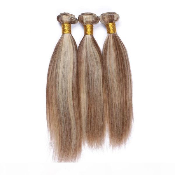 

straight peruvian #8 613 piano mixed color human hair bundles light brown and blonde mix piano color double wefts ombre human hair weaves, Black