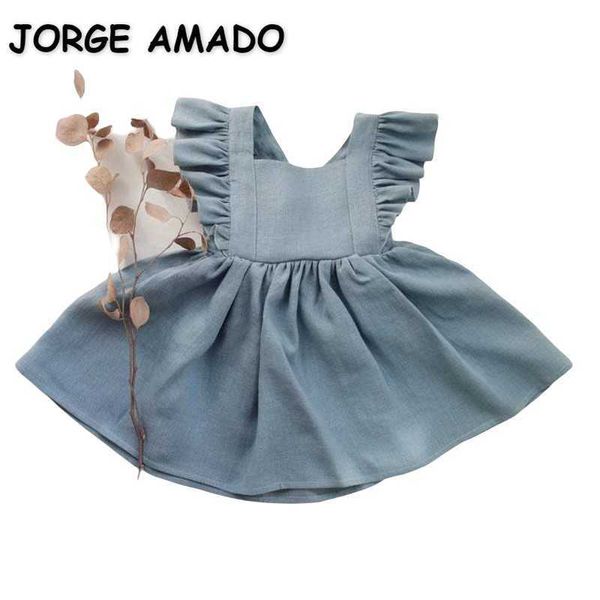 Atacado verão menina vestido sem mangas colete cor sólida Ruffles bowknot flor aberta Princesa crianças roupas E0718 210610