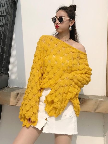 

women's sweaters 2021 summer hollow leisure student loose hair sweater head thin section trumpet sleeves shirt woman, White;black