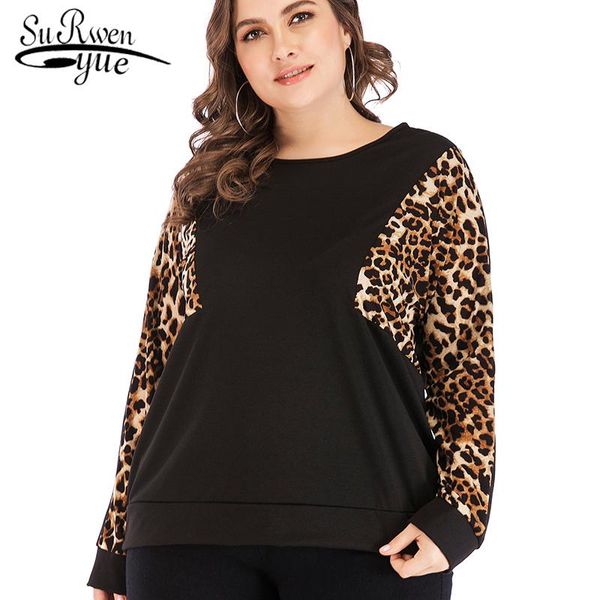 

women's blouses & shirts long sleeve shirt women large size leopard cool lady loose clothing round neck black stitching 2273 50, White