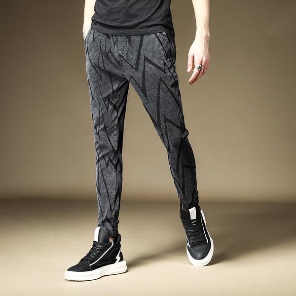 

men's pants geometric men fashion line design trousers casual sport elastic waist drawstring joggers, Black