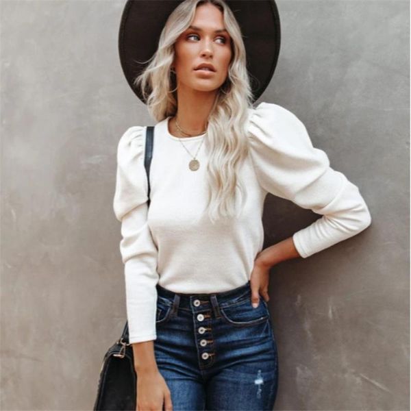 

women's sweaters puff sleeve women thin sweater fashion slim knitting round neck solid color autumn winter female plus size elegant pu, White;black