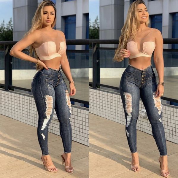 

jeans 2021 high waist raw edge breasted pierced pants female, Blue