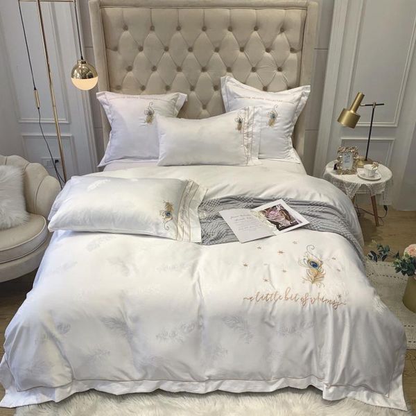 

bedding sets luxury white 600tc satin silk cotton set feather embroidery jacquard duvet cover flat/fitted bed sheet pillowcases