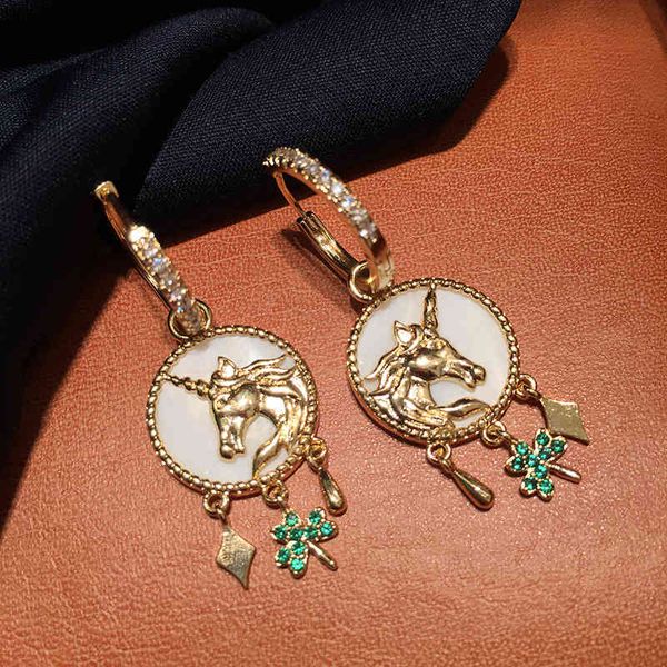 

unicorn horse exquisite small earrings 2021 trend cubic zircon crystal gold color women jewelry wedding party, Golden