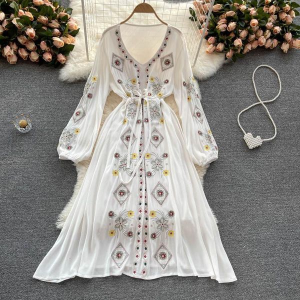 

casual dresses jastie bohemian style women 2021 spring autumn retro ethnic embroidery mid-length boho beach holiday dress, Black;gray