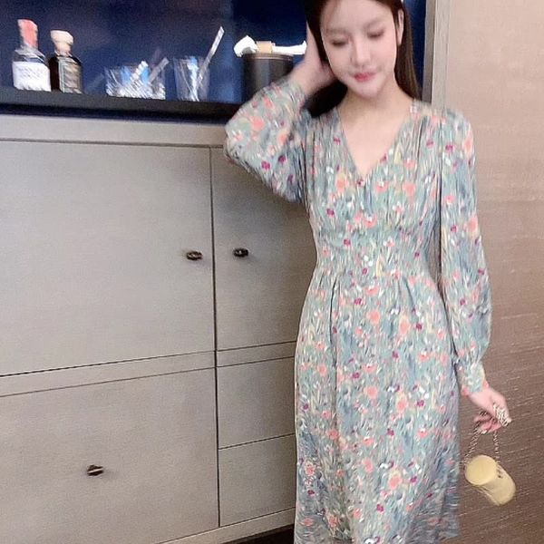 

2021 floral women with low-cut chiffon long shirt skirt waist show dress fine yzvv, Black;gray