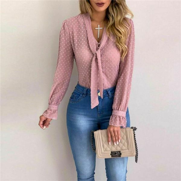 

women blouses fashion long sleeve v-neck dots bowtie and blouse shirts chiffon office blouse loose casual transparent, White