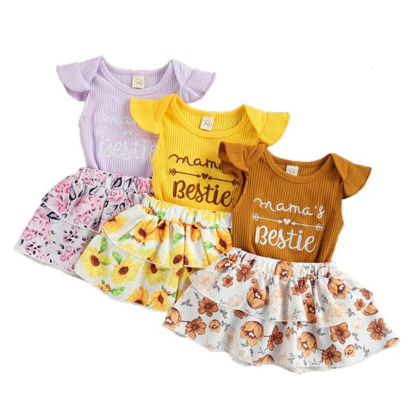 

clothing sets cute born toddler baby girls fresh letter embroidery sleeve romper flower double layer ruffled skirts 2pcs summer outfits, White