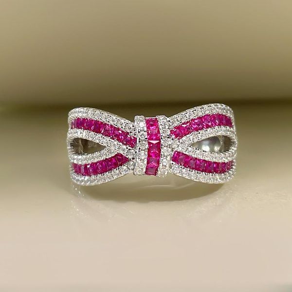 

cluster rings s925 silver three-dimensional bowknot diamond ring red corundum wedding eternal band 5a zircon, Golden;silver