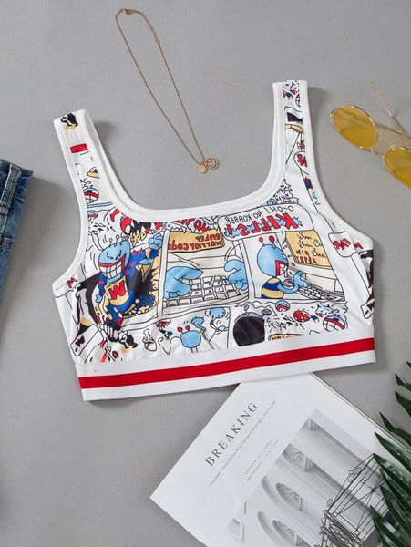 

cartoon & letter graphic crop tank d2vk#, White