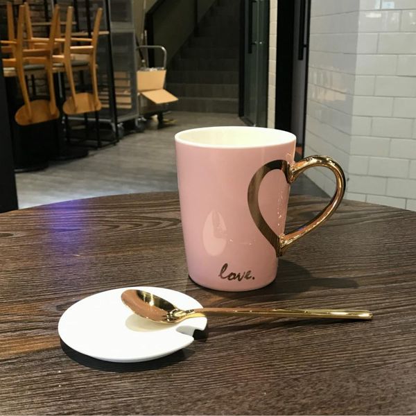 

mugs creative love pattern coffee mug with spoon milk tea ceramic water for breakfast cups lovers cup girl gift cute