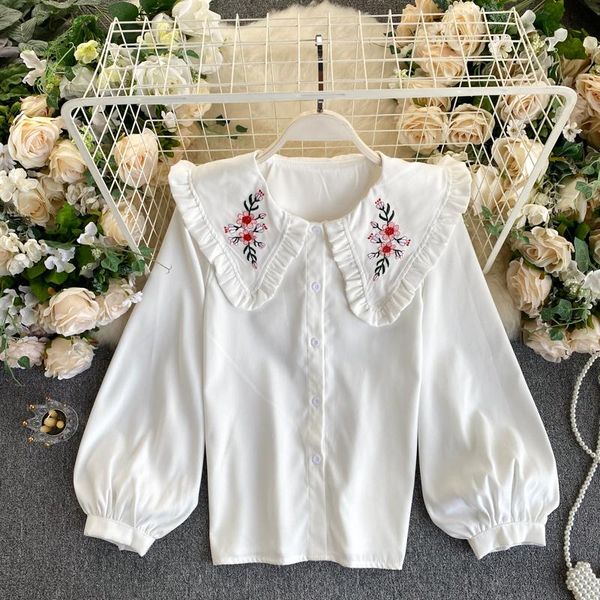 

women's blouses & shirts fashion spring autumn shirt flowers embroidery women blouse ruffles turn down collar buttons puff sleeve loose, White