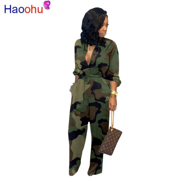

women's jumpsuits & rompers autumn women camouflage print long sleeve button jumpsuit turn-down neck military straight sashes romper ca, Black;white