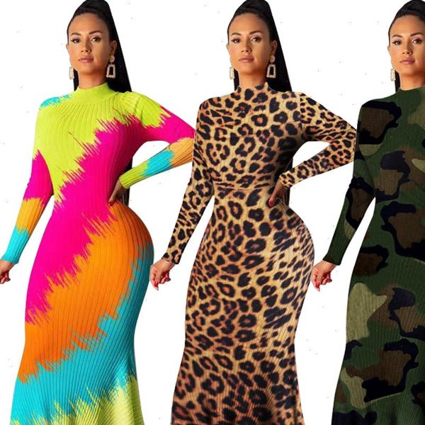 

women winter bodycon long maxi dress striped leopard camouflage print knitted club night party full sleeve dresses k8862, Black;gray