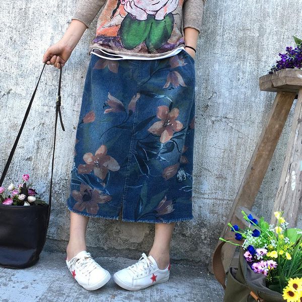 

skirts vintage painted floral print denim skirt mori girl 2021 autumn, Black