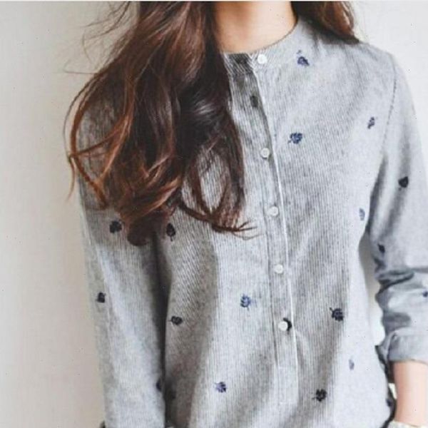 

spring leaves embroidery long sleeve women and blouses female ladies casual shirt striped casual blusas camisa feminin, White