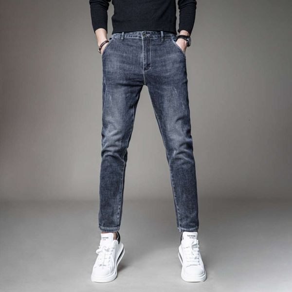 

stretch jeans casual versatile small leg men's slim fashionable pants autumn and winter slant bag, Blue