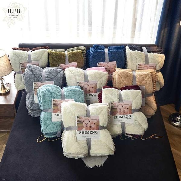 

blankets pure color double-deck lamb cashmere blanket thicken for single double person winter autumn office nap flannel bedding