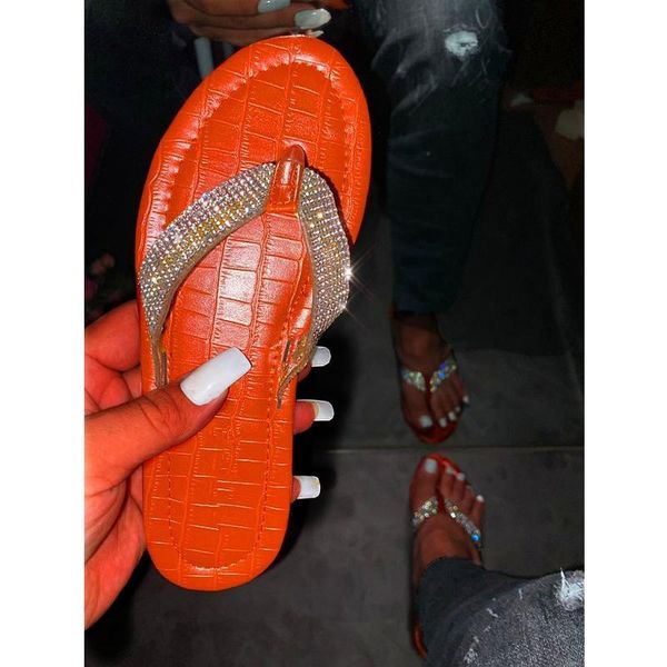 

2021 new women's slippers summer fashion rhinestone bling flip flops casual flat bottom open toes crocodile skin pattern sandals, Black