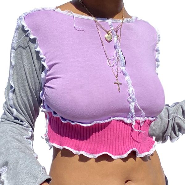 

women's t-shirt women t shirt autumn color block crop casual long sleeve round neck ruffle trim slim fit tee ladies, White