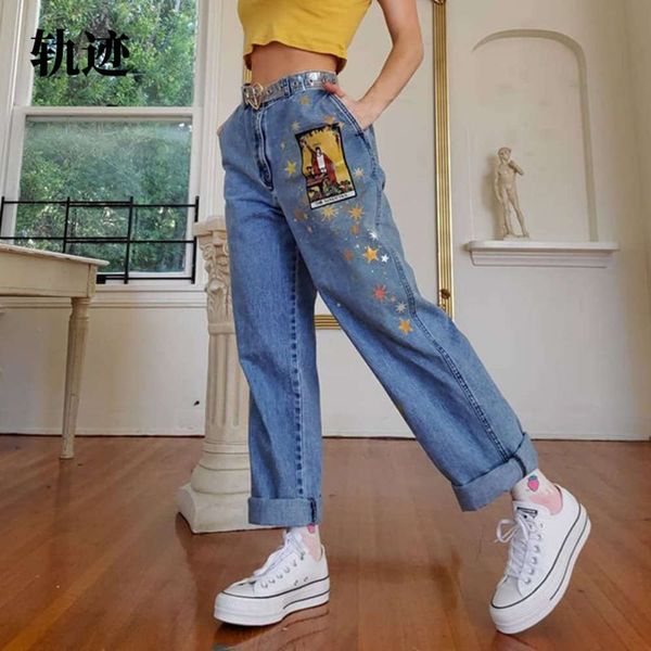 

autumn and winter street style printed tube loose denim pants for women, Blue