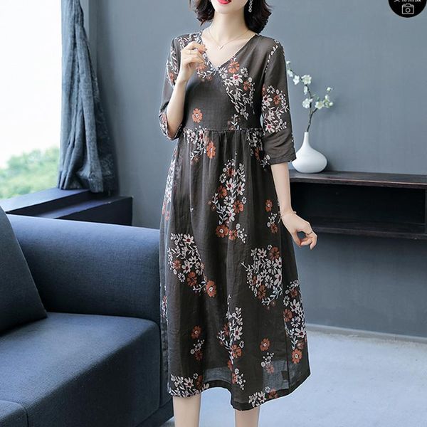 

2021 spring autumn vintage floral cotton linen midi dresses korea classy 3xl plus size print women dress bodycon party vestidos, Black;gray