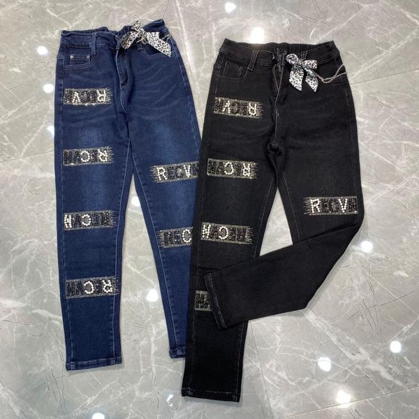 

women's jeans high waist letter beading skinny stretchy bow tie casual straight pants women plus size pencil slim trousers, Blue