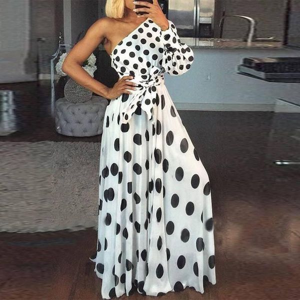 

casual dresses one shoulder maxi long dress 2021 vonda women vintage polka dot print party beach vestidos oversized robe femme, Black;gray