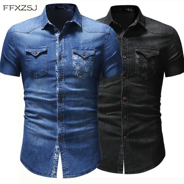 

men's casual shirts mens fashion short sleeve slim fit jeans high street single breasted denim solid turn down collar, White;black