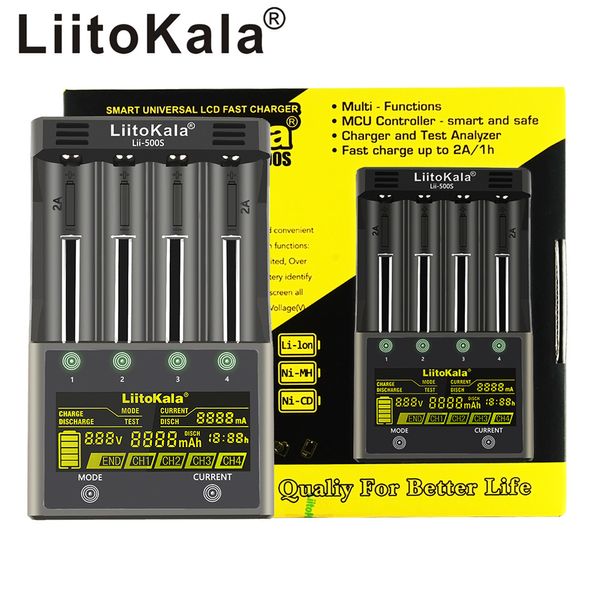 Liitokala lii-500s caricatore della batteria intelligente 4 slot display LCD per 18650 26650 16340 18350 3.7V 1,2 V 1,2 V Ni-MH Ni-CD Li-ion Batterie ricaricabili Test della batteria Capacità della batteria