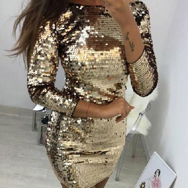

o neck autumn gold sequined backless dress women long sleeve mini dress christmas party club strap dresses vestidos, Black;gray