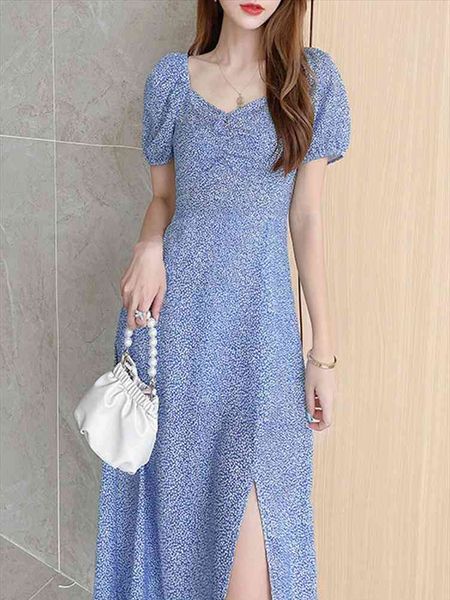 

summer blue floral casual split fork elegant dresses for women square collar vintage short puff sleeve midi dress french, Black;gray