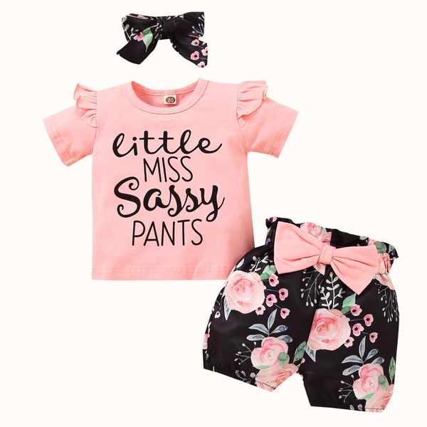 

3 pcs baby children girls sets letter sleeve o neck floral print shorts bow knot headband infant toddler outfits 12m-5t, White